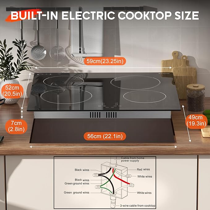24 Inch Electric Cooktop Built in Electrics Stove Top, 4 Burner Electric Stove, Touch Control, 6000W, 9 Power Levels, Safety Lock, Timer, Pause Function, 240V Hard Wire(No Plug)