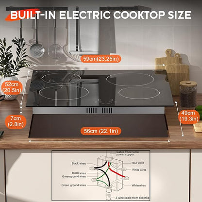 24 Inch Electric Cooktop Built in Electrics Stove Top, 4 Burner Electric Stove, Touch Control, 6000W, 9 Power Levels, Safety Lock, Timer, Pause Function, 240V Hard Wire(No Plug)