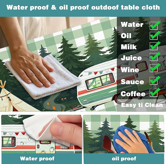 Picnic Table Cover with Bench Covers and Bag, Forest Rv Tent Campfire Checkered Camping Tablecloth Waterproof Windproof Oilproof Elastic Edges Fitted Tablecloths for Outdoor Garden 3PCS 30x96 Inch