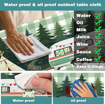 Picnic Table Cover with Bench Covers and Bag, Forest Rv Tent Campfire Checkered Camping Tablecloth Waterproof Windproof Oilproof Elastic Edges Fitted Tablecloths for Outdoor Garden 3PCS 30x96 Inch