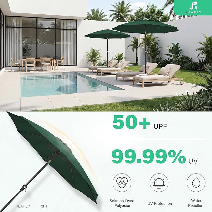 JEAREY 9FT Outdoor Patio Umbrella,Market Table Umbrella with 8 Fiberglass Ribs, Pool Umbrella with Tilt and Crank, UV Protection Lightweight & Wind-Resistant for Lawn, Garden, Deck and Backyard, Dark Green