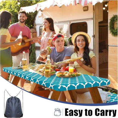 Smiry Picnic Table Cover with Bench Covers, Waterproof Elastic Fitted Tablecloth for 6 Foot Tables, Washable Polyester Tablecloths for Camping, Indoor & Outdoor (Aqua, 30x72 Inch 3-pc Set)