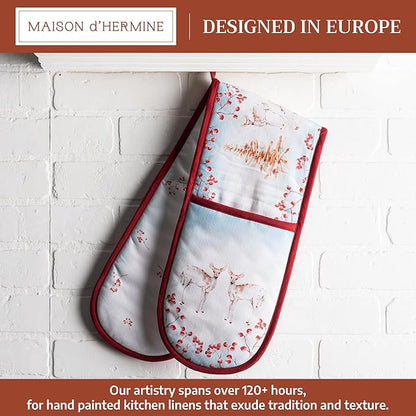 Maison d' Hermine Double Oven Mitt (7" x 35") 100% Cotton Heat Resistant BBQ Cooking Gloves with Loop for Thanksgiving Christmas Decorations Baking Cooking Handling Hot Pan (Fairy Tale Forest)