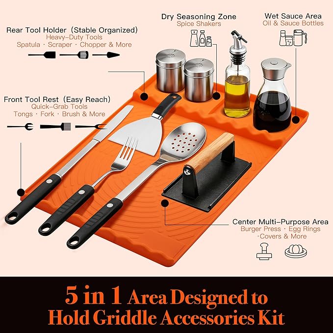 Silicone Grill Mat for Blackstone - BBQ Griddle Tools Side Mat with Drip Pad, Griddle Tools Mat for Outdoor Kitchen Countertop, BBQ Grill Accessories Gifts for Men (Orange-2Pack)