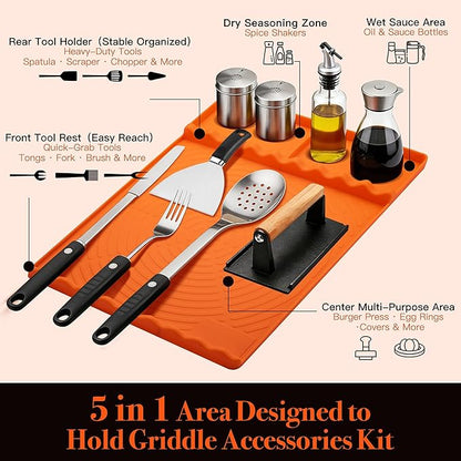 Silicone Grill Mat for Blackstone - BBQ Griddle Tools Side Mat with Drip Pad, Griddle Tools Mat for Outdoor Kitchen Countertop, BBQ Grill Accessories Gifts for Men (Orange-2Pack)