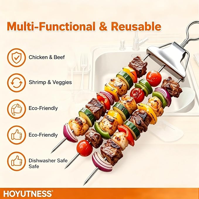 Premium 3-Prong Stainless Steel BBQ Skewer Set, Slide-Out Design Grilling Fork with Basting Brush & Storage Bag, Reusable Kebab Tool for Barbecue, Camping & Outdoor Cooking
