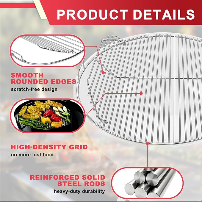 7436 Cooking Grate Hinged for Weber 22" Original Kettle Charcoal Grills, Round Replacement Grate for Weber Performer, Jumbo Joe Premium, Master-Touch,Bar-B-Kettle & Other 22 Inch Charcoal Grills
