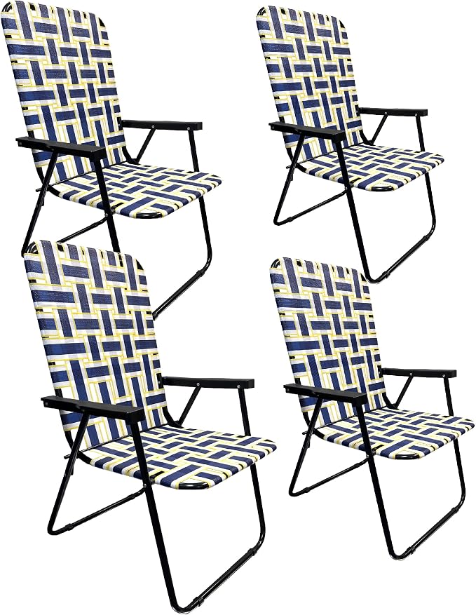 Lawn Chair Folding Steel Webbing Chaise Patio Lounger Seat Wood Handles Great for Camping, Beach, Fishing, Backyard, Stadium, Pool, Boating, and Sports 4 Pack Blue/Yellow
