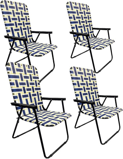 Lawn Chair Folding Steel Webbing Chaise Patio Lounger Seat Wood Handles Great for Camping, Beach, Fishing, Backyard, Stadium, Pool, Boating, and Sports 4 Pack Blue/Yellow