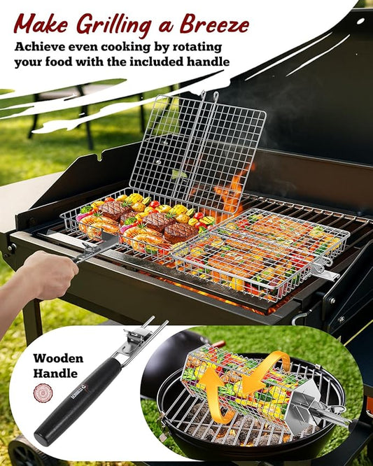 Grill Baskets for Outdoor Grilling, 3PCS Grilling Baskets with Removable Handle, Stainless BBQ Accessories for Vegetables, Fish, Shrimp, Outdoor Camping Cooking Tools Gifts for Men Dad