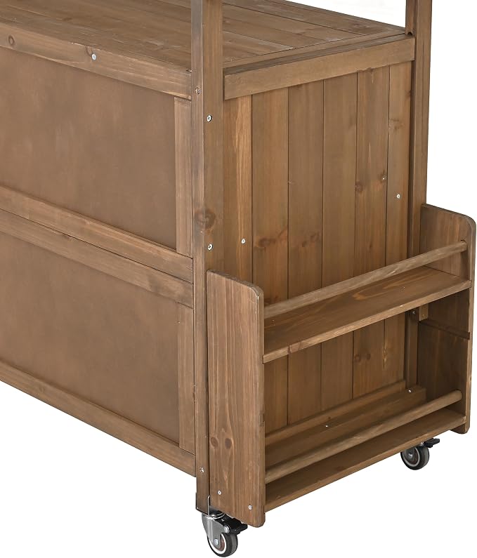 Christopher Knight Home Edsel Outdoor Bar Cart with Stainless Steel Top and Lockable Wheels, Solid Wood Outdoor Storage Cabinet, Kitchen Island Serving Cart for Poolside, Garden, Natural Brown+Silver