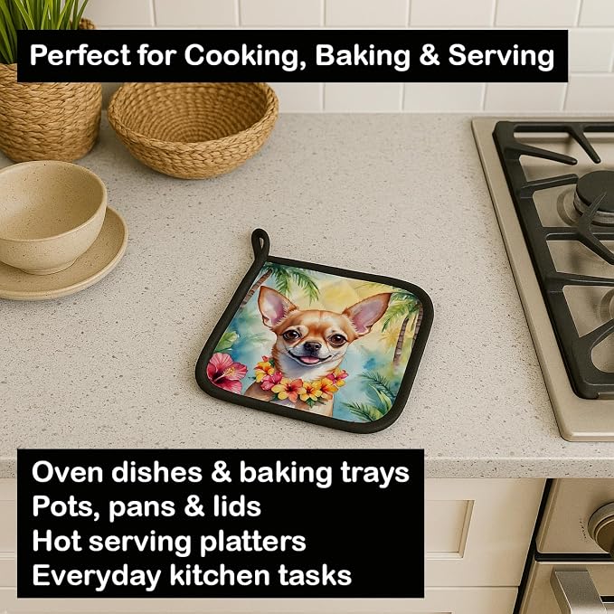 Caroline's Treasures Chihuahua Luau Pair of Pot Holders Kitchen Heat Resistant Pot Holders Sets Oven Hot Pads for Cooking Baking BBQ, 7 1/2 x 7 1/2