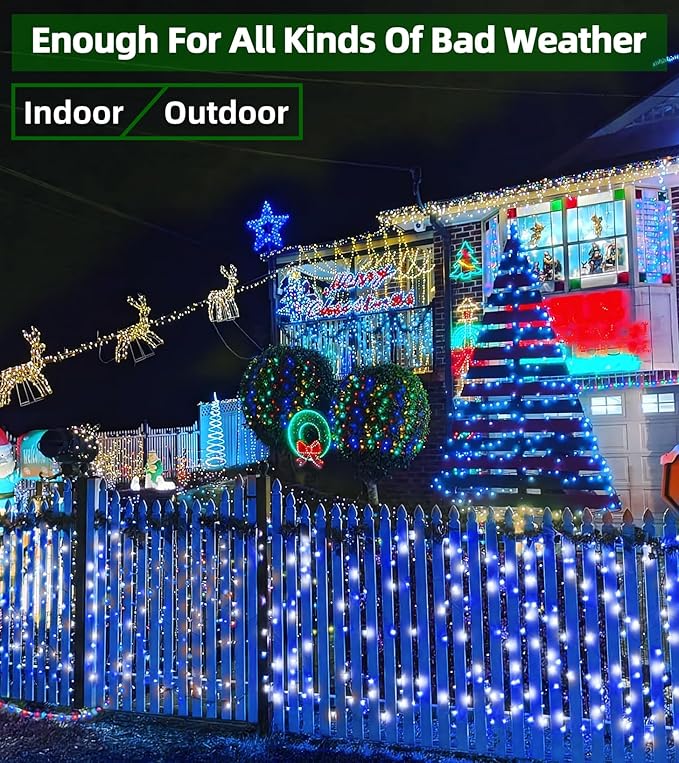 QUHUATU LED String Lights Christmas Decorations,8 Lightsing Modes Christmas Lights with Timer Functions for Tree Indoor Outdoor Decorr 1500 LED 492FT Blue & White