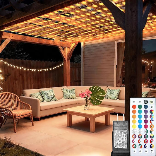 Lovelite 8ft x 8ft Net Lights Outdoor, 196LED 35 Colors Changing Gazebo Net Lights Clear Wire, Connectable Fairy Lights Waterproof for Patio Pergolas Backyard Bush Christmas Halloween Wedding Party