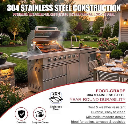 84" Modular Outdoor Kitchen Island, 75,300 BTU 6-Burner 304 Stainless Steel Gas Grill, Prefab BBQ Island Station with Side Burner, Rotisserie Kit, 70L Fridge & Sink, Propane to Natural Gas Ready