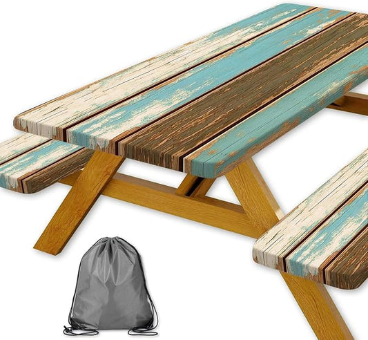 Picnic Table Cover with Bench Covers, Camping Essentials, Farmhouse Wood Green Waterproof Windproof Table Cover, Fitted Tablecloth Cover with Elastic Edge, for Indoor & Outdoor, 3 PCS, 30x96 Inch