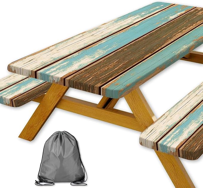 Picnic Table Cover with Bench Covers, Camping Essentials, Farmhouse Wood Green Waterproof Windproof Table Cover, Fitted Tablecloth Cover with Elastic Edge, for Indoor & Outdoor, 3 PCS, 30x60 Inch