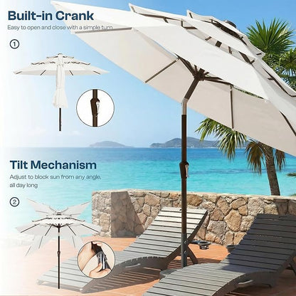 10ft Patio Umbrella, 3 Tier Outdoor Market Table Umbrellas with 8 Fiberglass Ribs and Push Button Tilt, Windproof, Vented Canopy, UV Protection for Deck, Pool, Backyard