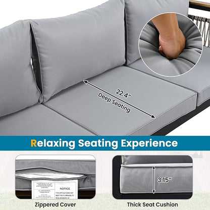 VilroCaz 4 Pieces Outdoor Sectional Sofa Set, All-Weather Patio Seating Group Cnversation Set with Cushions and Coffee Table for Patios Gardens Balcony, Sturdy Steel Frame (Grey+Metal & Wood)