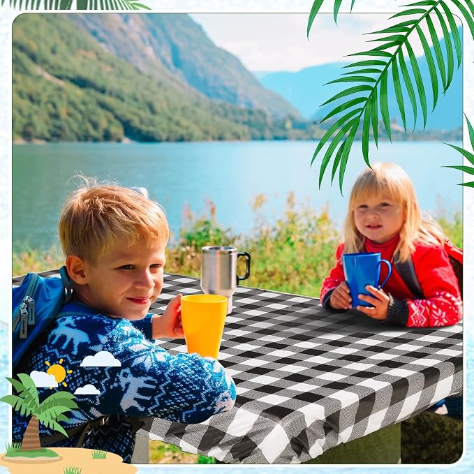 Moukeren 3 Pieces Picnic Table Cover for Kids with Bench Covers Fitted Tablecloth for Outdoors Vinyl Waterproof Cloth for Camping Home Goods Indoor Outdoor Patio BBQ(Black, White)