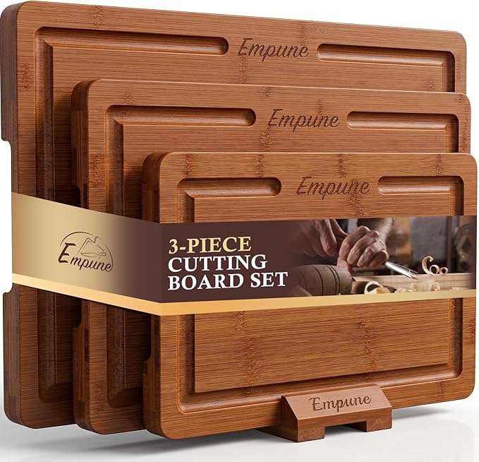 Empune Bamboo Cutting Boards for Kitchen, 3 Piece Extra Thick Cutting Board Set with Juice Groove, Deep Carbonized Bamboo Chopping Board, Reversible Wood Cutting Board for charcuterie boards, Brown