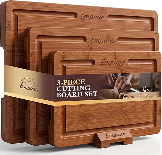 Empune Bamboo Cutting Boards for Kitchen, 3 Piece Extra Thick Cutting Board Set with Juice Groove, Deep Carbonized Bamboo Chopping Board, Reversible Wood Cutting Board for charcuterie boards, Brown