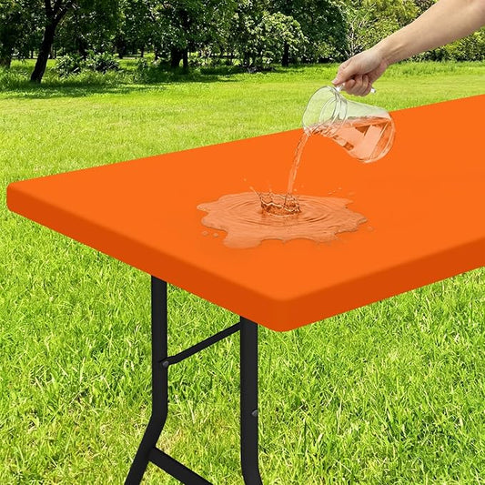 Smiry Rectangle Tablecloth, Elastic Fitted Flannel Backed Vinyl Tablecloths for 8ft Folding Tables, Waterproof Wipeable Table Covers for Indoor, Outdoor, Picnic and Camping (Orange, 30"x96")