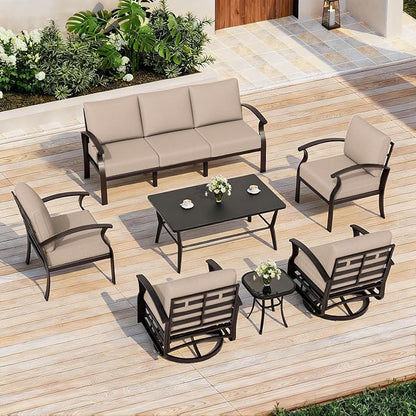 ALAULM Aluminum Patio Furniture Set with Coffee Table Rectangular, 7-seat Outdoor Sectional Furniture w/Swivel Chairs, Patio Conversation Set for Porch, Backyard, Poolside-Sand