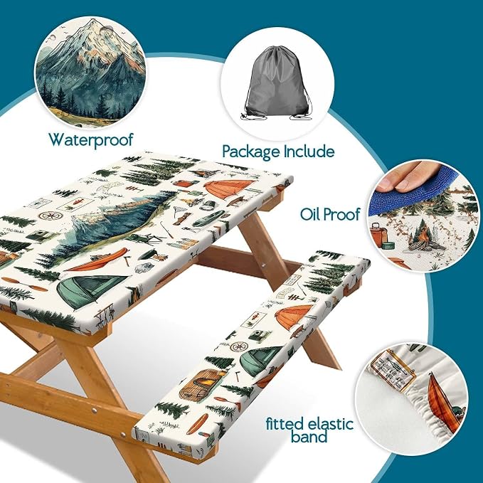 Picnic Table Cover with Bench Covers, Mountain Tent & Campfire Tablecloth, Elastic Edges, Waterproof Windproof Fitted, for Outdoor Camping Patio Garden, with Drawstring Bag, 72 Inch 3PCS