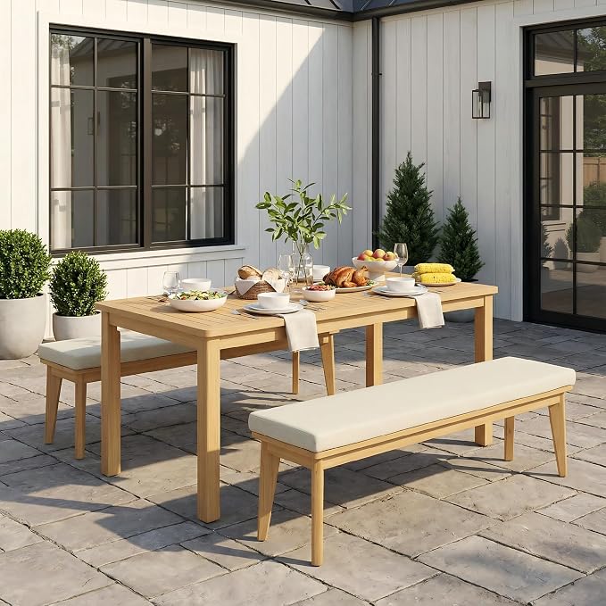 Wisteria Lane 3 Pieces Acacia Patio Dining Set for 4 | Patio Dining Table and Chairs Set with Cushion, Modern Outdoor Dining Furniture Set for Deck Lawn Backyard Garden, Beige