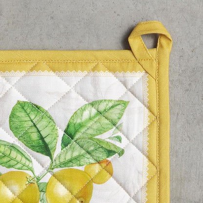 Maison d' Hermine Pot Holders 100% Cotton Heat Resistant Potholders 8" x 8" Hot Pads with Loop BBQ Cooking Baking Hotel Farmhouse Kitchen Handling Hot Pans Spring Summer (Pack of 2, Limoncello)