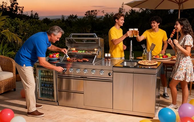 98" Outdoor Kitchen Island with Grill, Sink & Beverage Fridge, 72,000 BTU BBQ Grill Station for Backyard Entertaining, 304 Stainless Steel Patio Cooking Island with Rotisserie & Storage,Silver