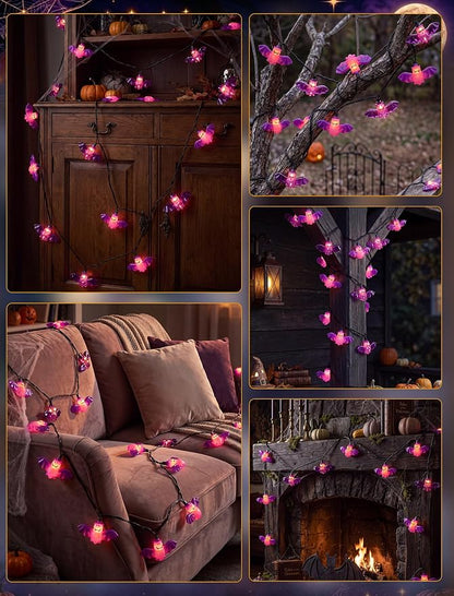 8.5Ft Halloween Bat String Lights Outdoor, 10 LED Purple Bat Decor Plug In | Shatterproof & Waterproof, End-to-end Connectable, Hanging Halloween Decoration for Home Patio Yard Party, 2700K Warm White