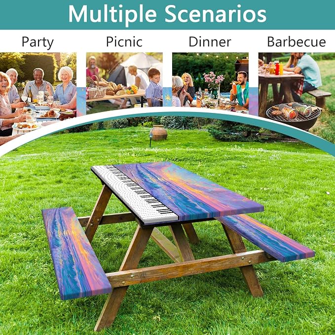 Piano Keyboard Picnic Table Cover with Bench Covers, Camping Essentials, Beach Seaside Sunset Purple Waterproof Windproof, Fitted Tablecloth Cover with Elastic Edge for Outdoor Garden 3 PCS 30x60 Inch