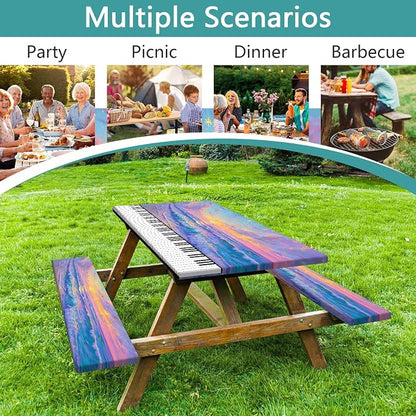 Piano Keyboard Picnic Table Cover with Bench Covers, Camping Essentials, Beach Seaside Sunset Purple Waterproof Windproof, Fitted Tablecloth Cover with Elastic Edge for Outdoor Garden 3 PCS 30x72 Inch
