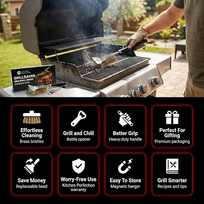 KITCHEN PERFECTION Brass GrillSaver - Safe BBQ Grill Brush with Replaceable Cleaning Head -Heavy-Duty Grill Cleaner w/Scraper for Porcelain & Ceramic Grates, Includes Magnetic Hanger & Bottle Opener