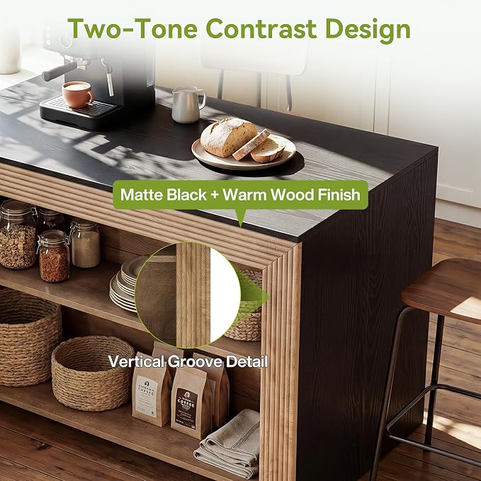 LITTLE TREE Kitchen Island with Storage, 55 Inch Island, Modern Farmhouse Kitchen Counter, Fluted Reeded Frame Open Shelves Prep Workstation, Black and Brown