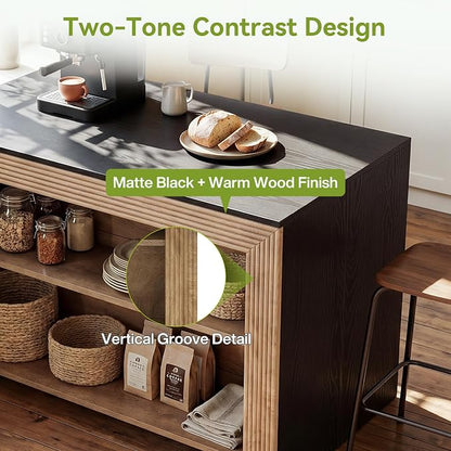 LITTLE TREE Kitchen Island with Storage, 55 Inch Island, Modern Farmhouse Kitchen Counter, Fluted Reeded Frame Open Shelves Prep Workstation, Black and Brown