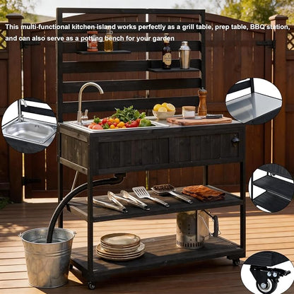42 Inch Patio Kitchen Island with Sink, Black | Black fir wood, stainless steel top and sink, garden or patio, movable shelves, bottle opener, lockable wheels, 41.7 in L