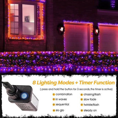 BlcTec Halloween Lights Outdoor 360 LED 9.8ft x 6.6 Orange Purple Halloween Mesh Lights with 8 Modes, Timer, Connectable, Waterproof and Green Wire Design for Lawn, Bushes Outdoor Holiday Decorations
