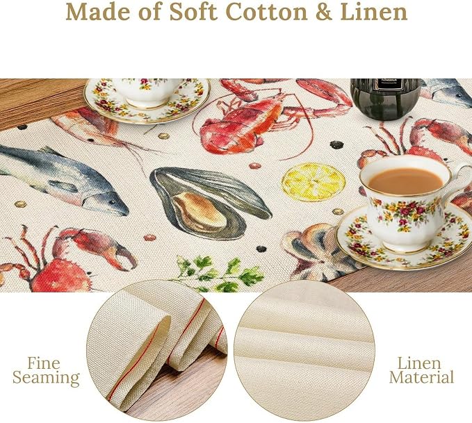 Crawfish Boil Table Runner Hand Draw Crab Shrimp Octopus Mussel Lemon Peppers Seafood Boil Themed Birthday Party Decoration Dining Room Home Kitchen Decor 13" x 36"