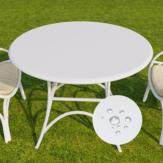 Romanstile Round Fitted Vinyl Tablecloth with Elastic Edge 100% Waterproof | Table Covers for 45"- 56" Tables, Wipeable Flannel Backed Plastic Table Cloths for Dinner, Picnic, Camping, Outdoor, White