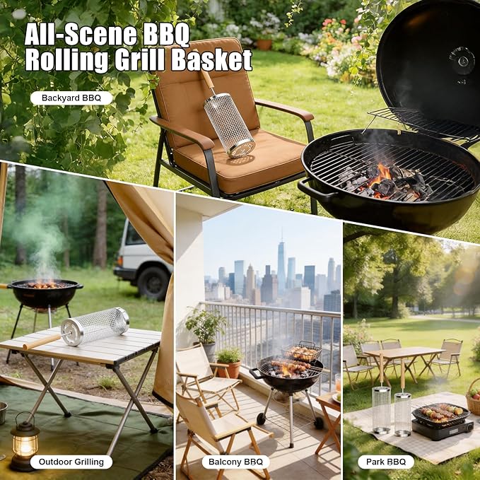 Rolling Grill Basket with Removable Wooden Handle, 2 Pack 304 Stainless Steel BBQ Grilling Net for Vegetables Shrimp Fish, Portable Camping Grill Accessories, Best Gifts for Dad Men