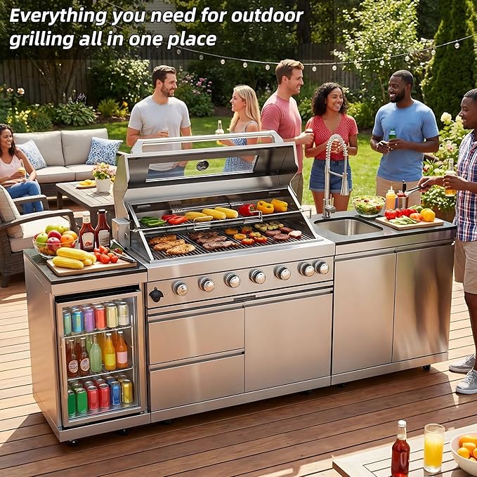 Outdoor Kitchen Island, 95.5 Inch 85000 BTU Propane Gas Grill Combination With Refrigerator and Sink, Outdoor Stainless Steel Barbecue Bar, 6 Burner Propane Grill for Patios, Gardens, Parties