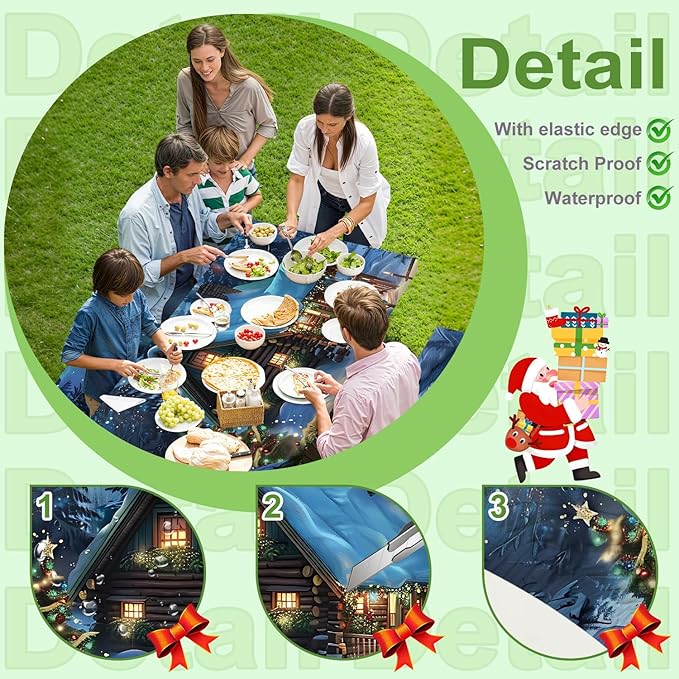 Christmas Picnic Table Cover with Bench Cover, Outdoor Picnic Table Elastic Tablecloth, Green Santa Claus and Reindeer Design, Camping, Barbecue and Holiday Party Tablecloth