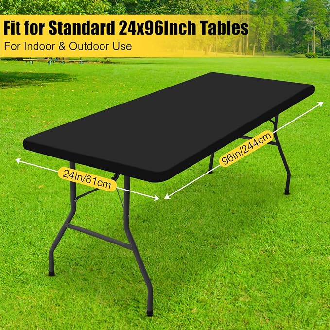 Smiry Rectangle Tablecloth, Elastic Fitted Flannel Backed Vinyl Tablecloths for 8ft Folding Tables, Waterproof Wipeable Table Covers for Indoor, Outdoor, Camping and Picnic (Black, 24"x96")