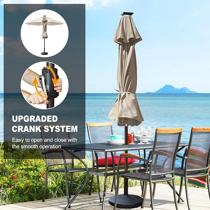 Eurmax USA 10-Year-Non-Fading 10FT Outdoor Patio Market Umbrella with LED Lights,UPF50+ UV Resistant,Heavy Duty Commercial Grade,Crank Lift Design,Windproof Vented Top for Garden,Pool,Deck,Antique Beige
