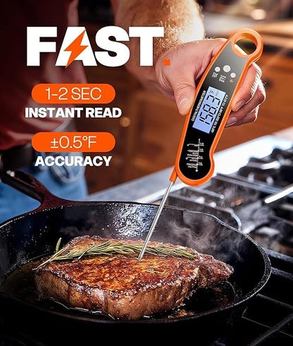Meat Thermometer Digital – Instant Read Food Thermometer for Grilling, BBQ, Air Fryer, Smoker, Candy Making with Foldable Probe, Kitchen Gadgets, BBQ Essentials, Gift for Dad, Men, Orange