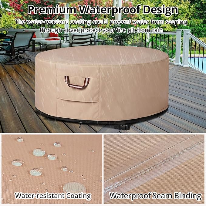 QH.HOME Fire Pit Cover Round-29-32 Inch Heavy Duty 900D Strong Tear-Resistant and UV Resistant and Waterproof and Fading Resistant Material Polyester Firepit Covers Round for Outdoor Fire Pit-Wheat