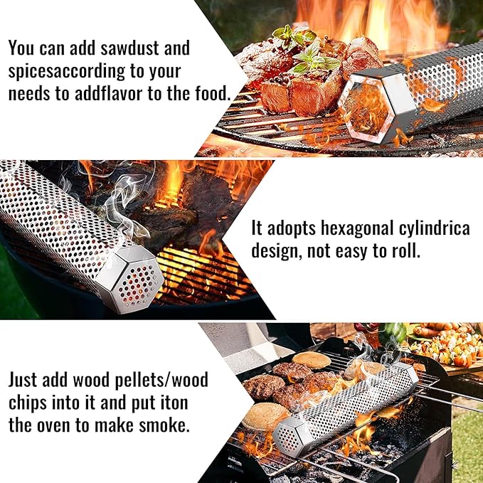 Hexagon Pellet Smoker Tube,12 inch Stainless Steel BBQ Wood Pellet Tube Smoker for Cold/Hot Smoking,5 Hours of Billowing Smoke-for Any Grill or Smoker